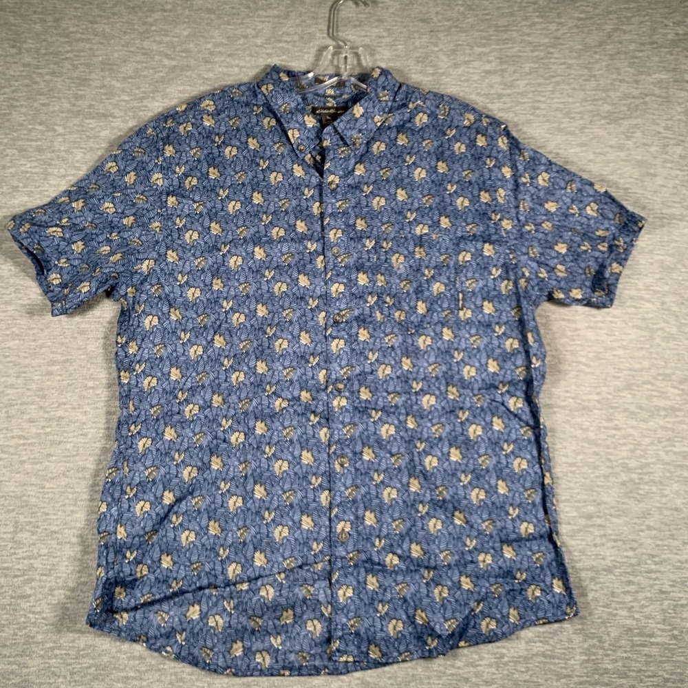 Eddie Bauer Shirt Mens Large Blue‎ Leaf Print Short Sleeve Button Front Tropical